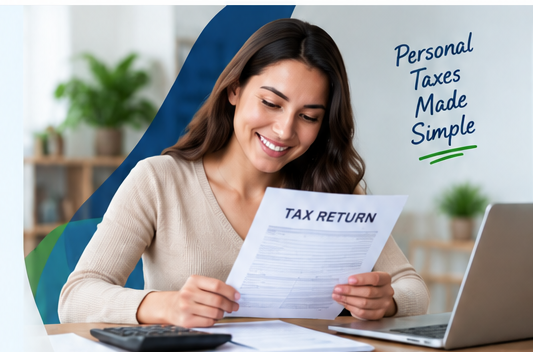 Individual tax services and personal tax preparation illustration with tax documents, calculator, and 1040 form