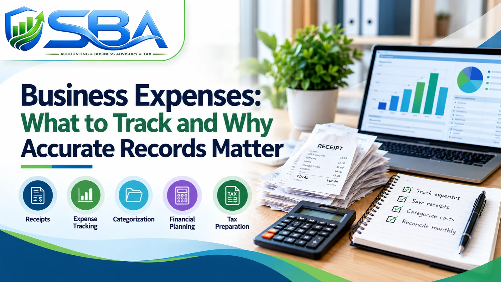 Tracking business expenses with receipts, expense categories, and accurate financial records