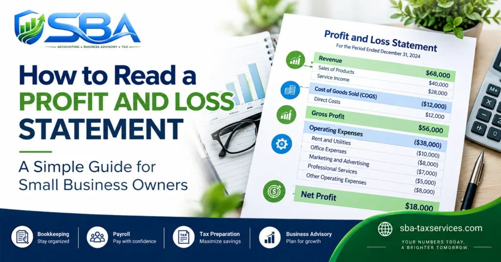 How to read a profit and loss statement showing revenue, expenses, and net profit