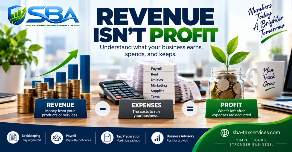 Revenue vs. profit explained for small businesses, including expenses and remaining profit.
