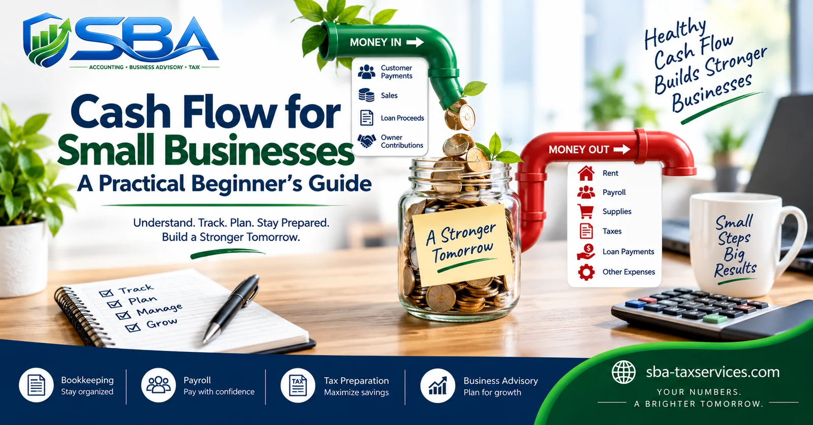 Cash flow for small businesses explained with money-in and money-out visuals, expense categories, and cash flow planning.