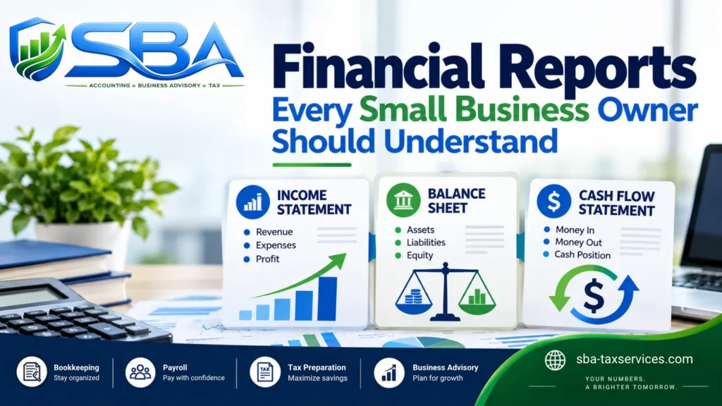 Small business financial reports including profit and loss, balance sheet, and cash flow statement
