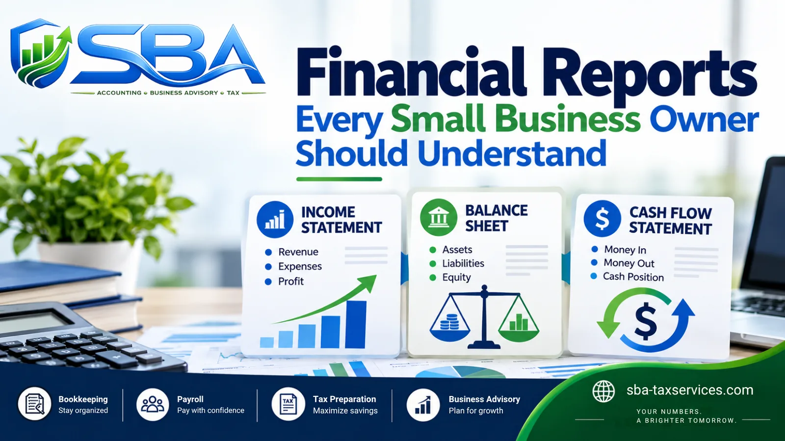 Small business financial reports including profit and loss, balance sheet, and cash flow statement