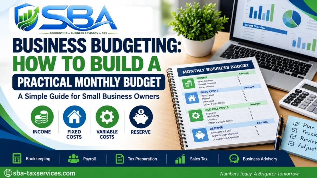 Small business monthly budget worksheet with income, fixed costs, variable costs, and reserve