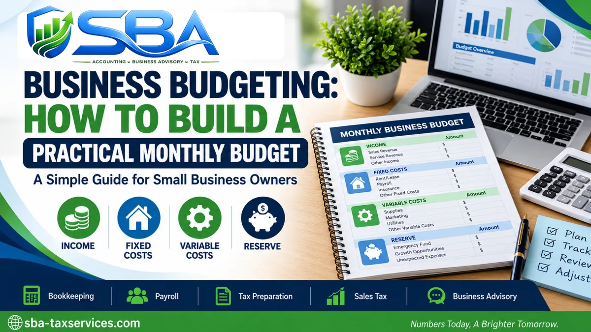 Small business monthly budget worksheet with income, fixed costs, variable costs, and reserve