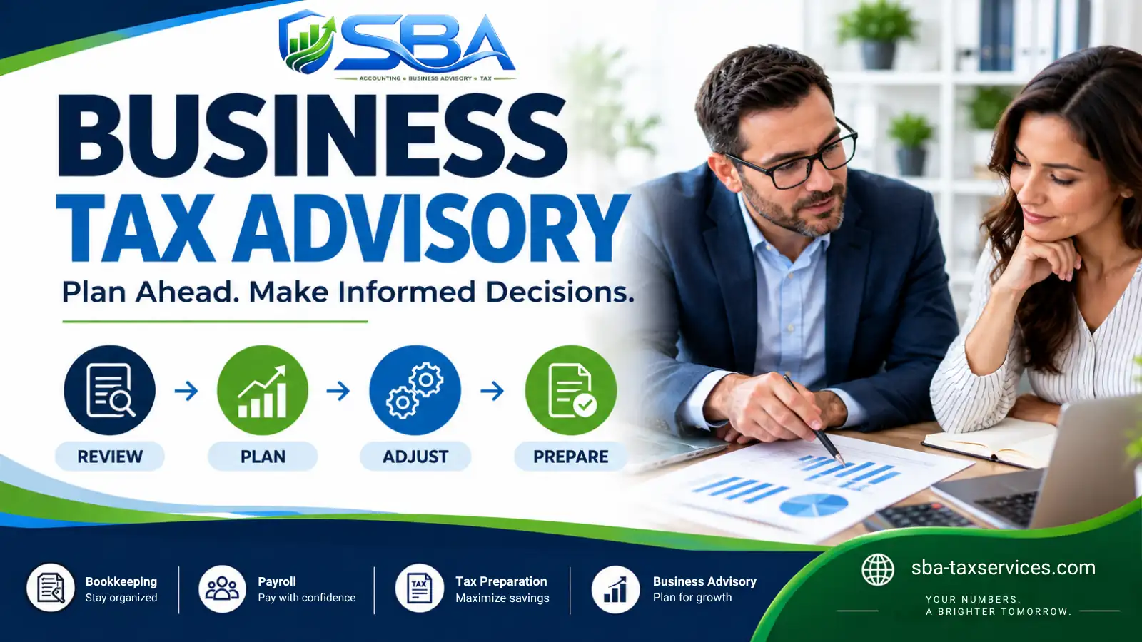 Business tax advisory showing a small-business owner reviewing tax planning and financial decisions