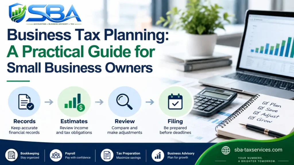 Business tax planning guide showing a year-round process for records, estimates, review, and filing