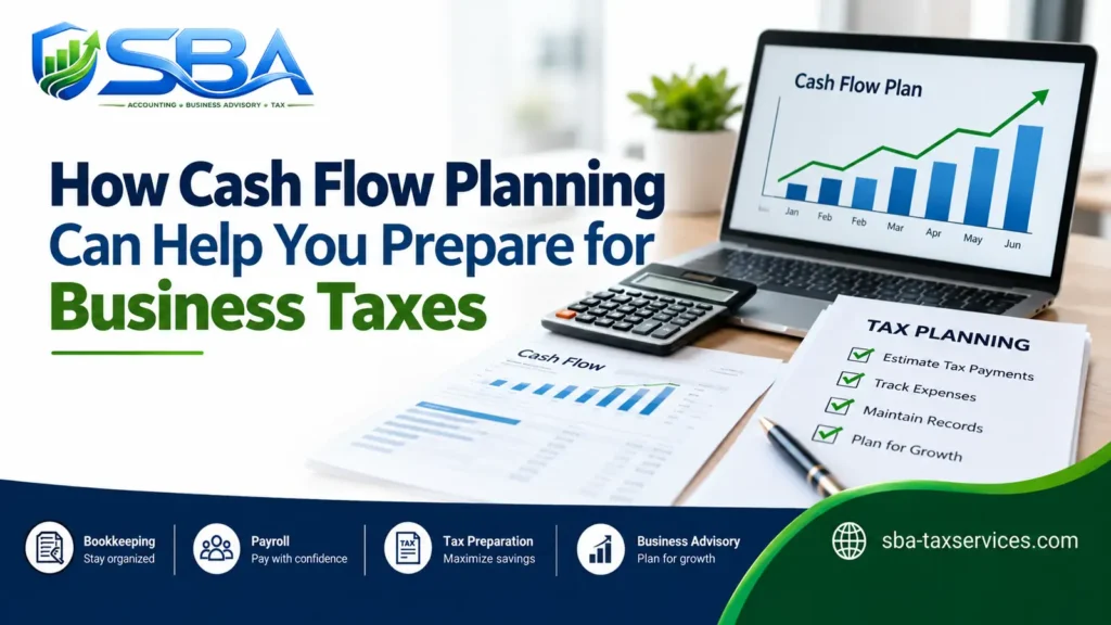 Small business cash-flow planning with financial charts, a calculator, tax documents, and a tax payment checklist.