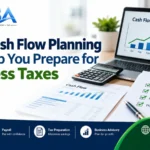 Small business cash-flow planning with financial charts, a calculator, tax documents, and a tax payment checklist.