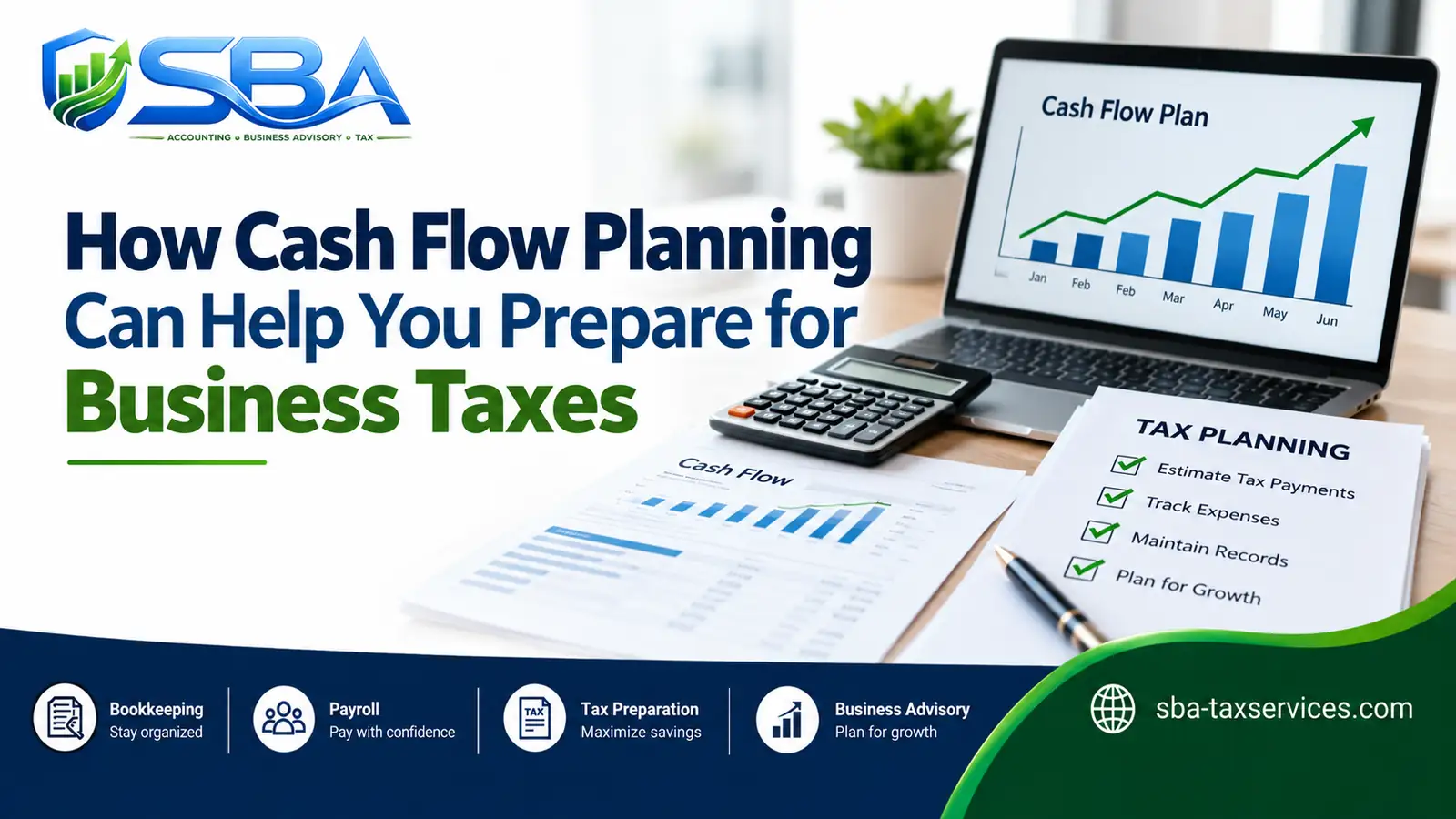 Small business cash-flow planning with financial charts, a calculator, tax documents, and a tax payment checklist.