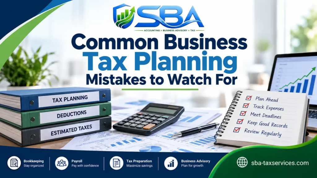 Common business tax planning mistakes with tax planning, deductions, estimated taxes, a calculator, and a review checklist.