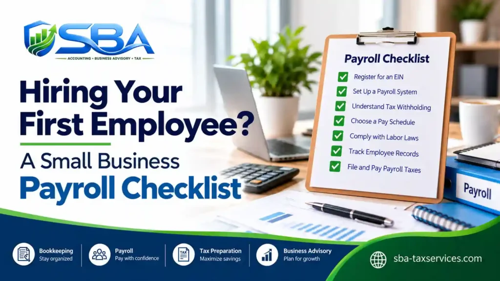 First employee payroll checklist covering employer registration, employee forms, tax withholding, payday scheduling, and recordkeeping.