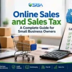 Online sales tax guide for small businesses, featuring an ecommerce laptop, shipping boxes, a sales tax compliance checklist, a U.S. map, and calculator.