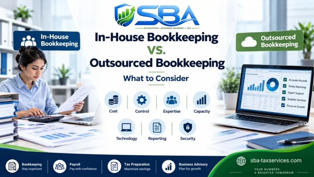 In-house vs outsourced bookkeeping comparison for small business owners evaluating cost, control, expertise, capacity, technology, reporting, and security