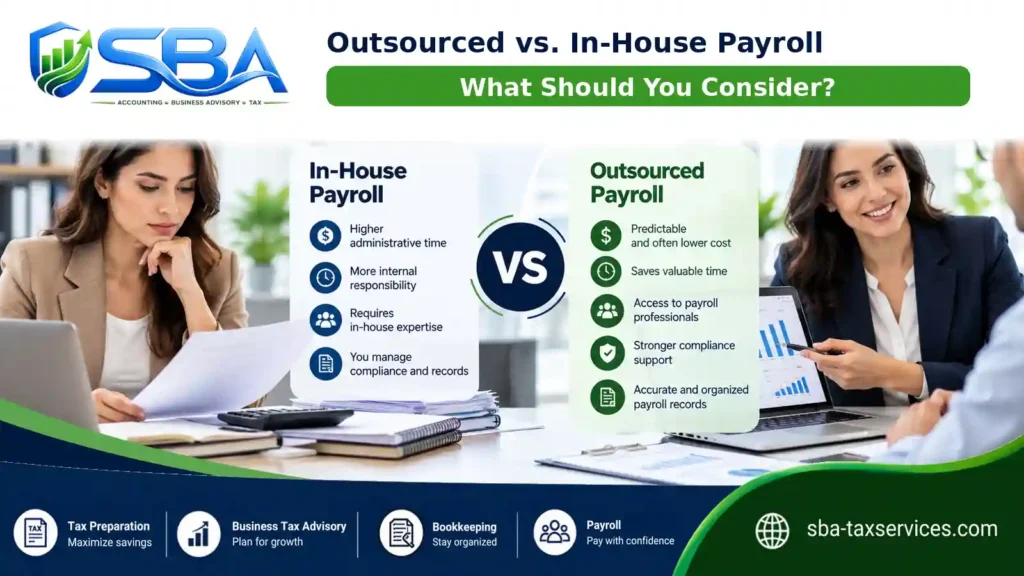 Outsourced vs in house payroll comparison showing differences in administrative time, internal responsibility, payroll expertise, cost, compliance support, and recordkeeping.