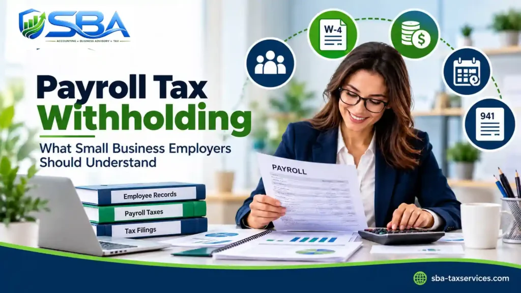 Payroll tax withholding guide for small business employers, with payroll records, calculator, tax documents, and employee files