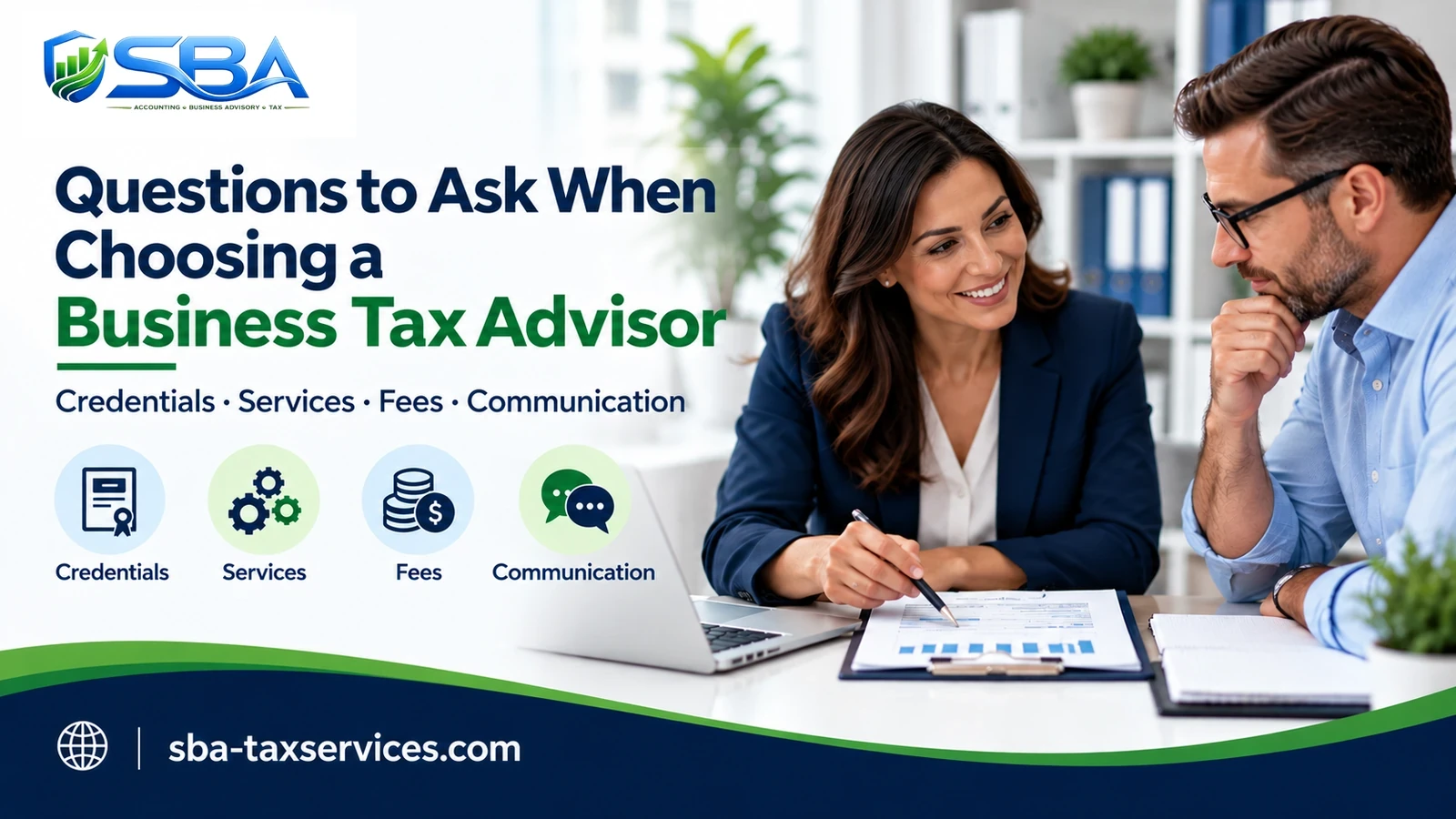 Business tax advisor consultation about credentials, services, fees, and communication