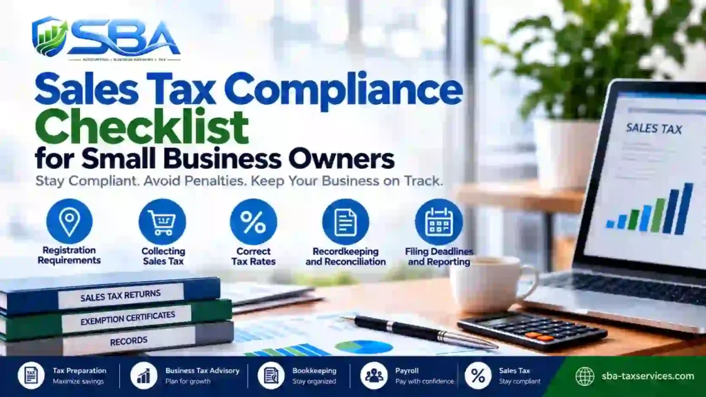 SBA Sales Tax Compliance Checklist for small business owners, covering registration, sales tax collection, tax rates, recordkeeping, and filing deadlines.