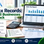 Sales tax records checklist beside a laptop sales tax report, invoices, receipts, purchase records, tax collected, and filing confirmations