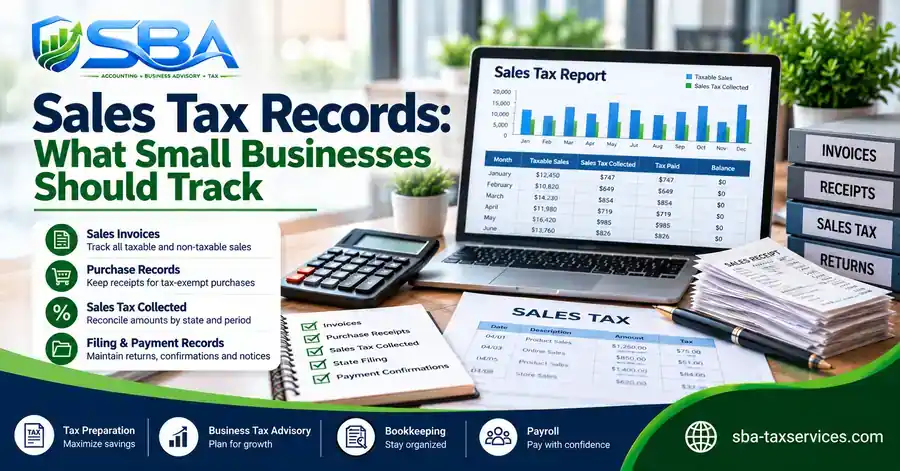 Sales tax records checklist beside a laptop sales tax report, invoices, receipts, purchase records, tax collected, and filing confirmations