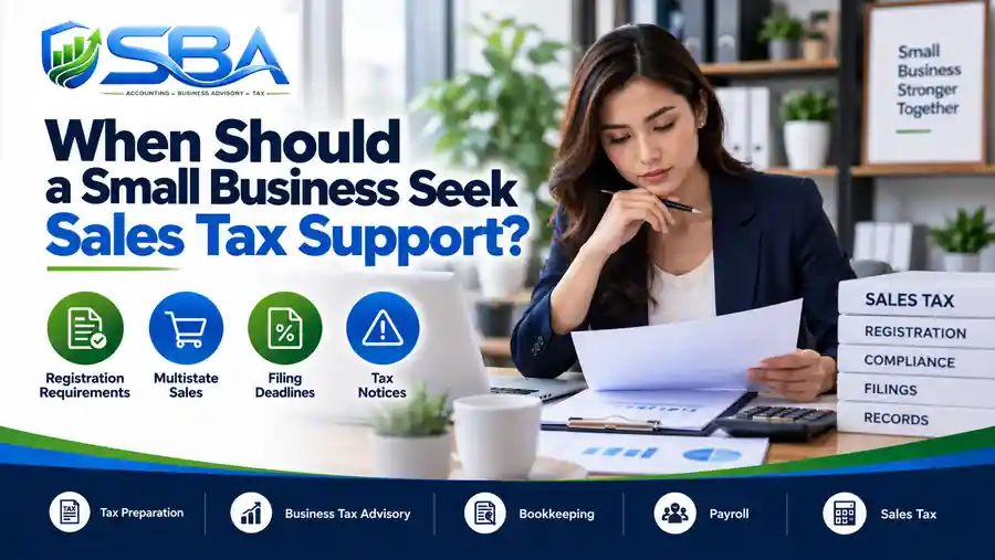 Small business owner reviewing sales tax records, filing deadlines, and compliance documents