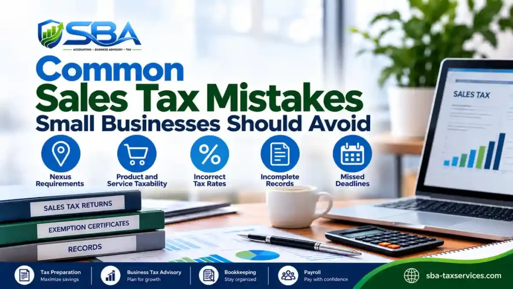 SBA feature image about common sales tax mistakes, highlighting nexus requirements, product and service taxability, incorrect tax rates, incomplete records, and missed deadlines.