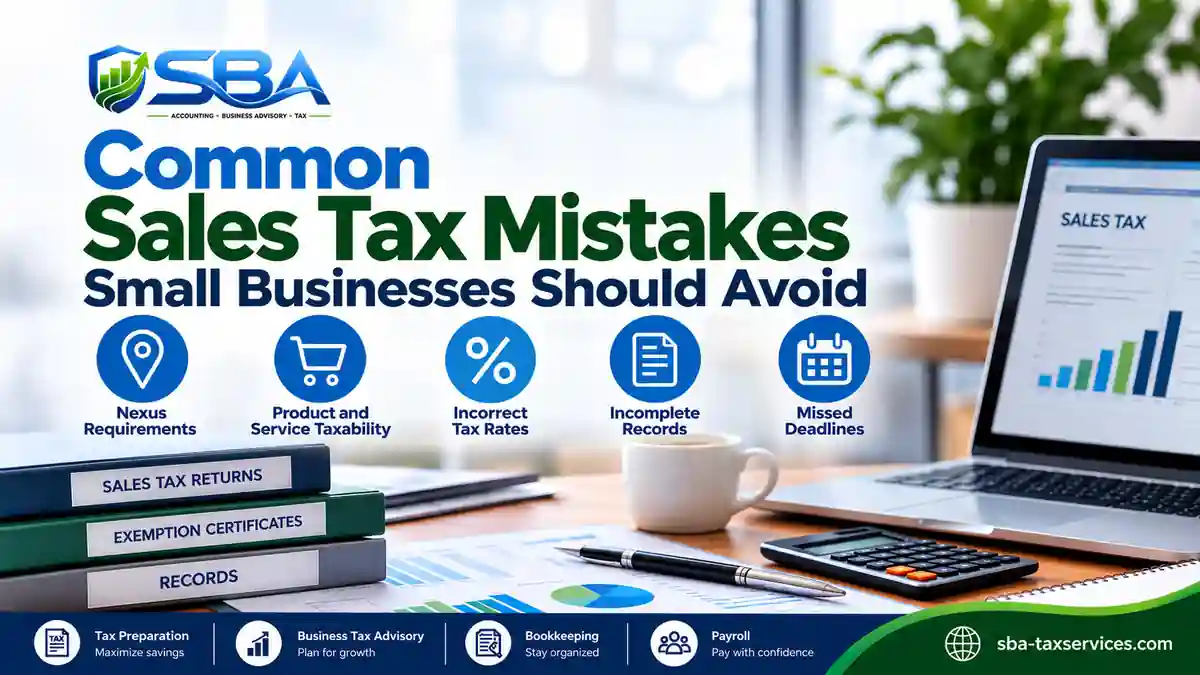 SBA feature image about common sales tax mistakes, highlighting nexus requirements, product and service taxability, incorrect tax rates, incomplete records, and missed deadlines.