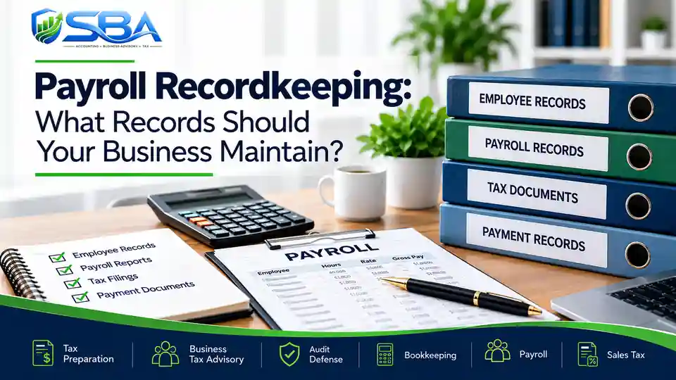 Payroll recordkeeping guide showing employee records, payroll reports, tax documents, and payment records