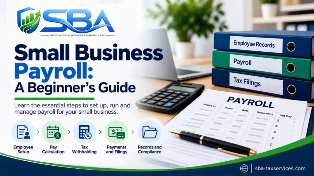 Small business payroll guide showing employee setup, pay calculation, tax withholding, payments and filings, and recordkeeping.