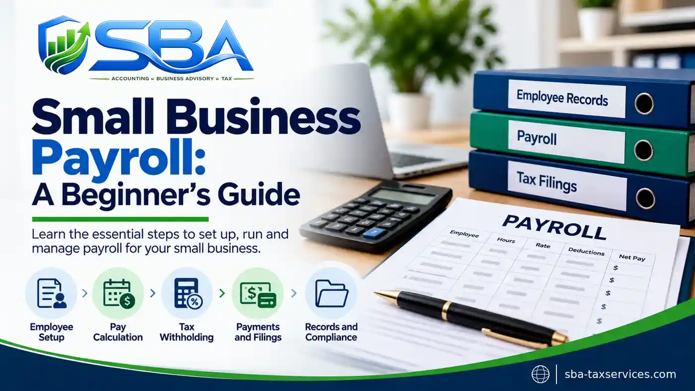 Small business payroll guide showing employee setup, pay calculation, tax withholding, payments and filings, and recordkeeping.