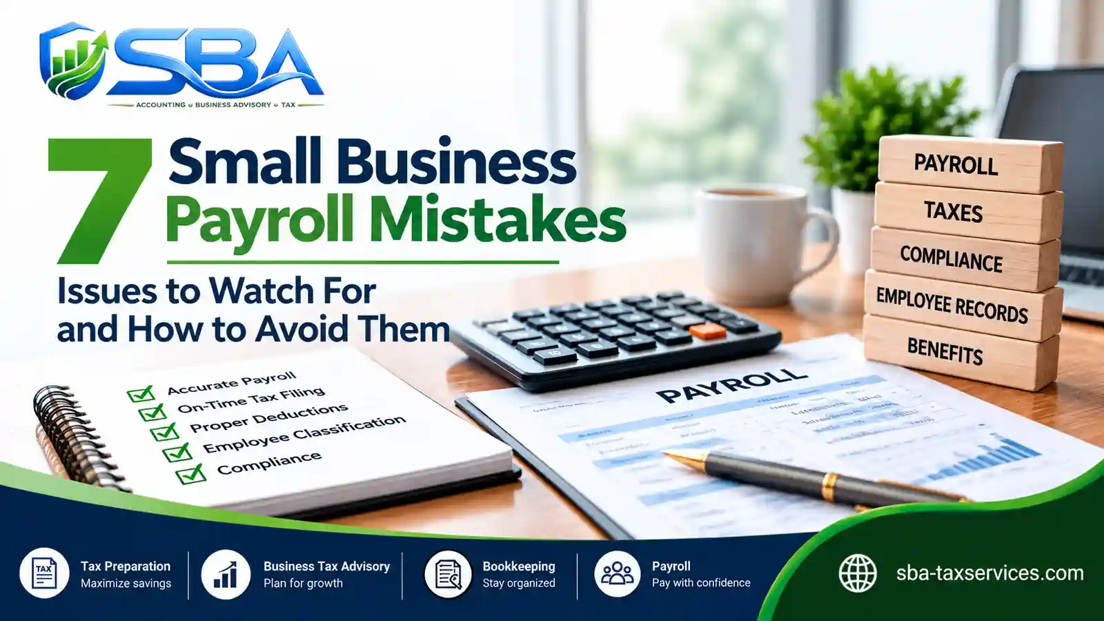 SBA feature image for seven small business payroll mistakes, showing payroll documents, a calculator, and a checklist.