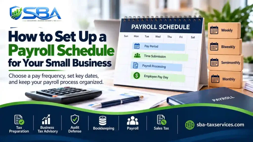 How to set up a payroll schedule for your small business, with a payroll calendar showing pay periods, time submission, payroll processing, and employee payday.