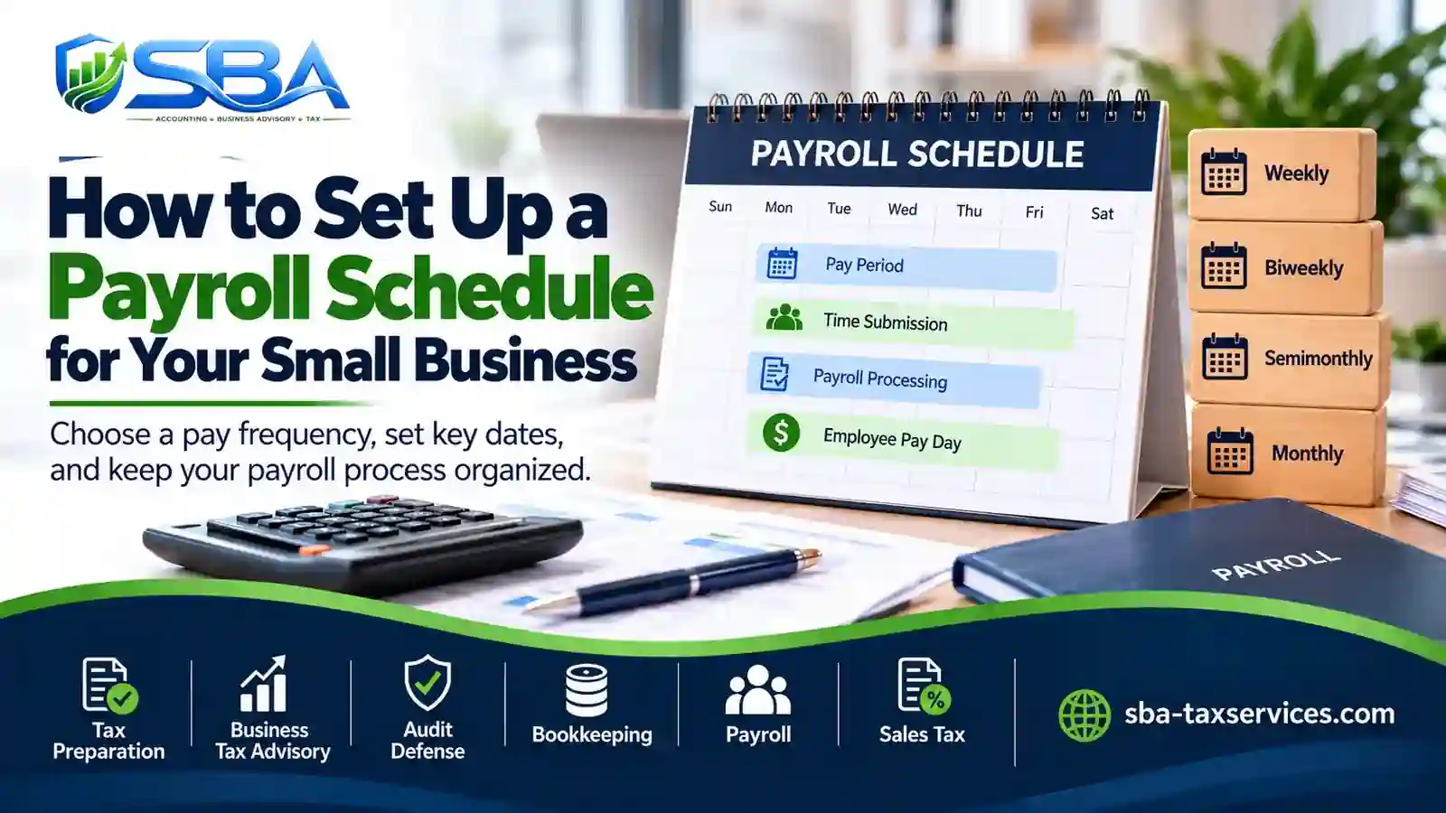 How to set up a payroll schedule for your small business, with a payroll calendar showing pay periods, time submission, payroll processing, and employee payday.