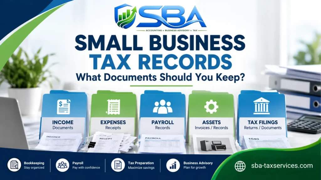 Small business tax records showing income, expenses, payroll, assets and tax filings
