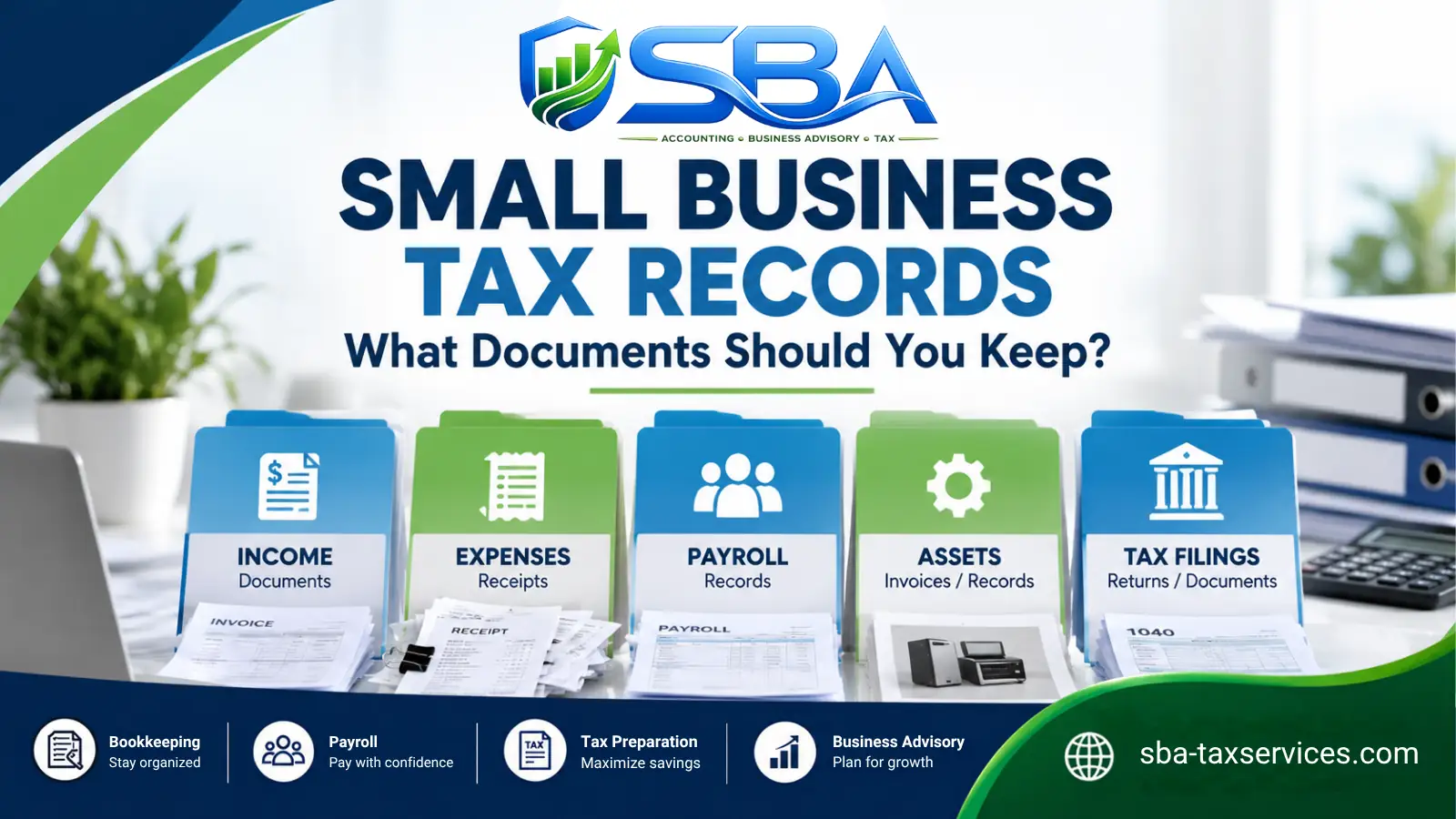 Small business tax records showing income, expenses, payroll, assets and tax filings
