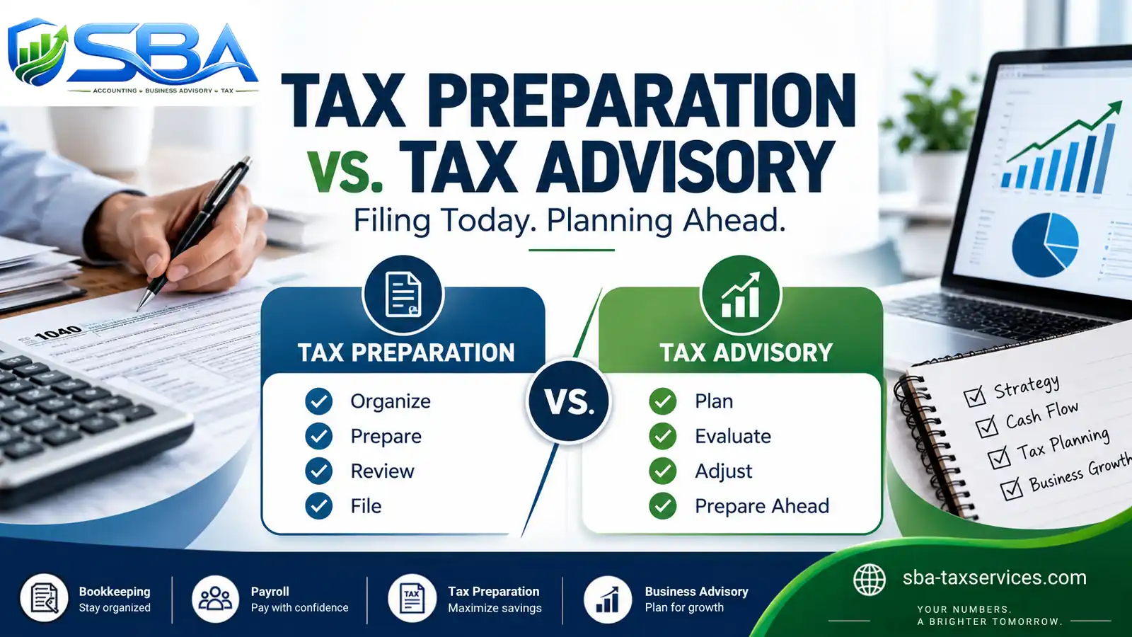 Tax preparation vs tax advisory comparison showing filing and year-round planning